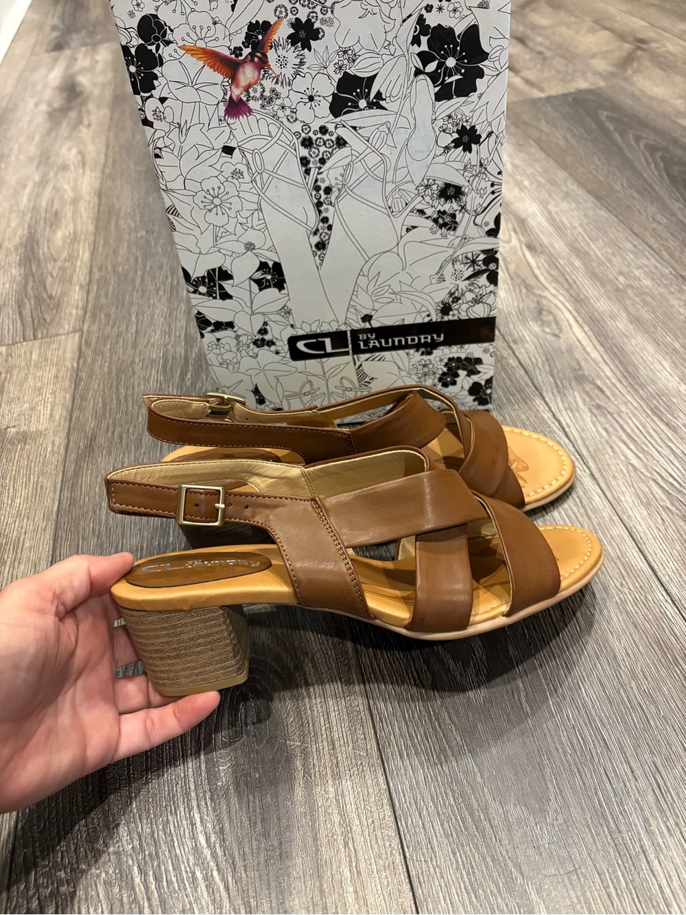 CL by Laundry Brown Leather Strappy Block Heel Sandals